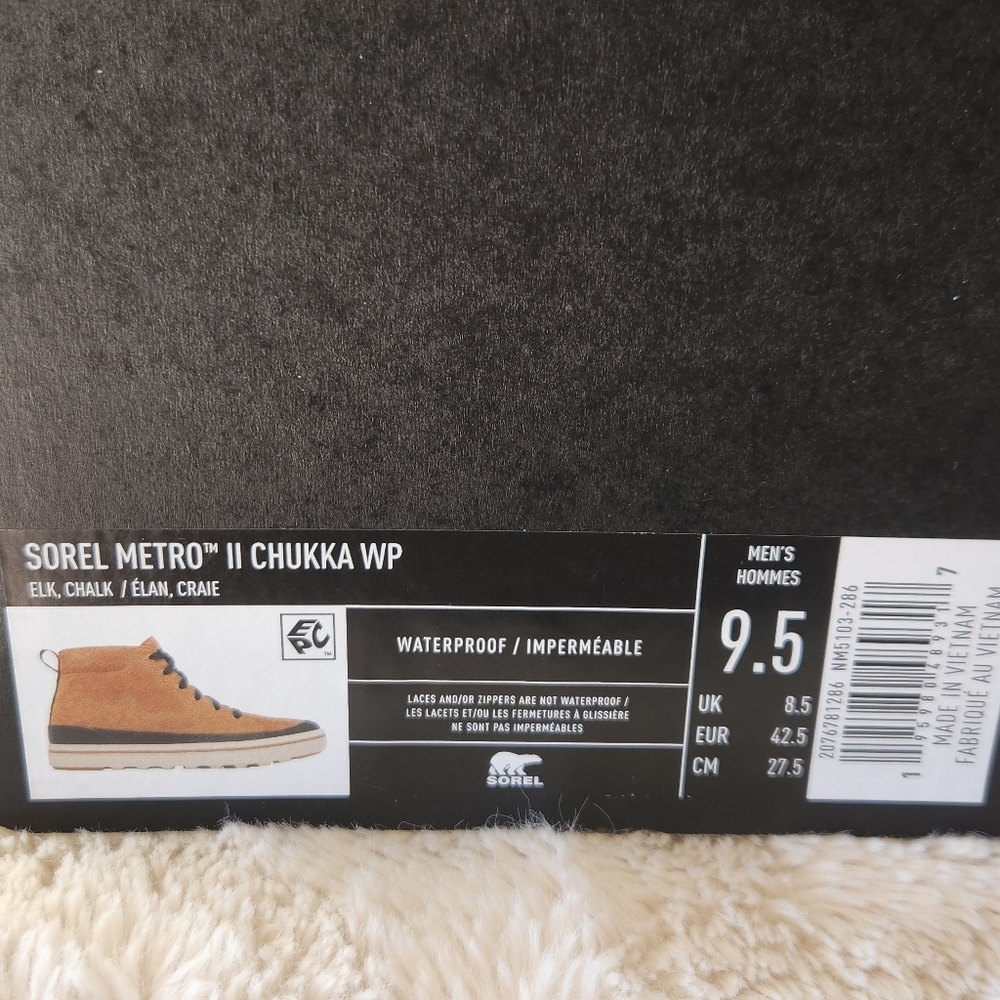 New in Box Sorel Men's Metro II Chukka Boot Waterproof Size 9.5 Tan/Black/Cream - Picture 10 of 10